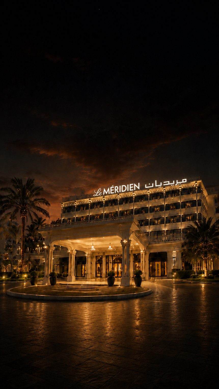 Le Méridien Abu Dhabi Resort's illuminated columned entrance at night